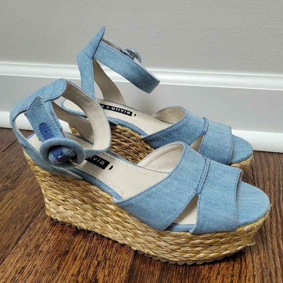 Alice & Olivia Roberta Denim Espadrilles Platform Wedges Ankle Strap Open Toe - Picture 2 of 7